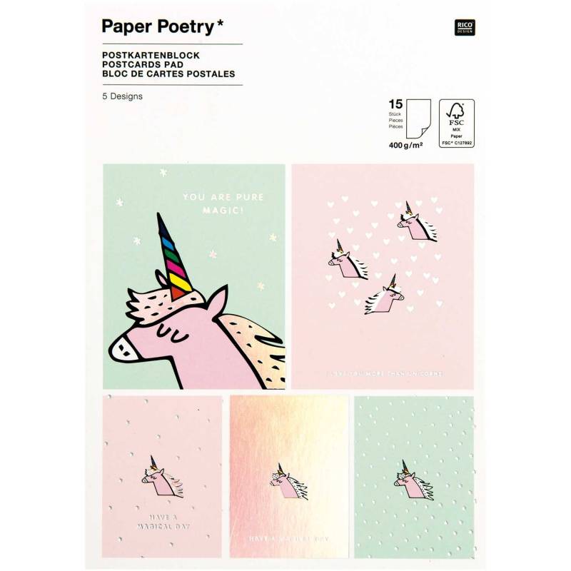 Paper Poetry Postkartenblock Einhorn 400g/m² 15 Stück von Rico Design
