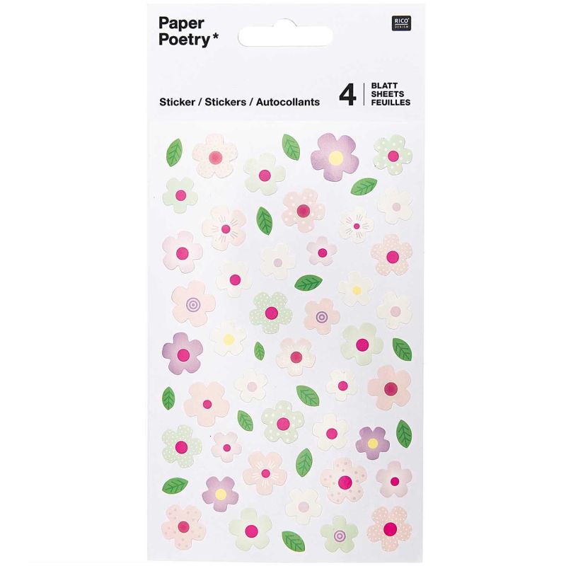 Paper Poetry Sticker Blumen rosa-mint 4 Blatt von Rico Design