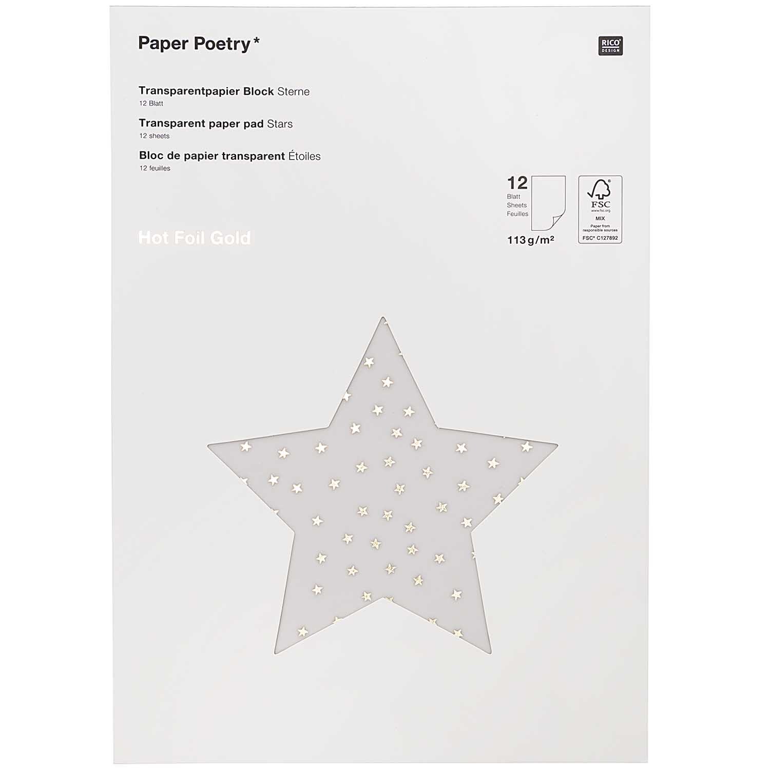 Paper Poetry Transparentpapierblock Sterne gold 21x29,5cm 12 Blatt von Rico Design