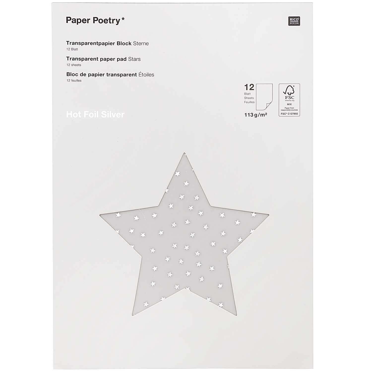 Paper Poetry Transparentpapierblock Sterne silber 21x29,5cm 12 Blatt von Rico Design