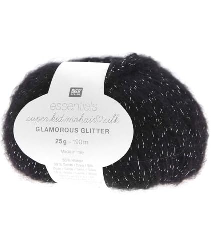 Rico Design Essentials Super Kid Mohair Loves Silk Glamorous Glitter-Strickgarn, luxuriös, weich und kreativ, 25 g, Farbe: 06 Schwarz Rico Design Essentials Super Kid Mohair Loves Silk Glamorous Glitter-Strickgarn, luxuriös, weich und kreativ, 25 g, Farbe: 06 Schwarz von Rico Design