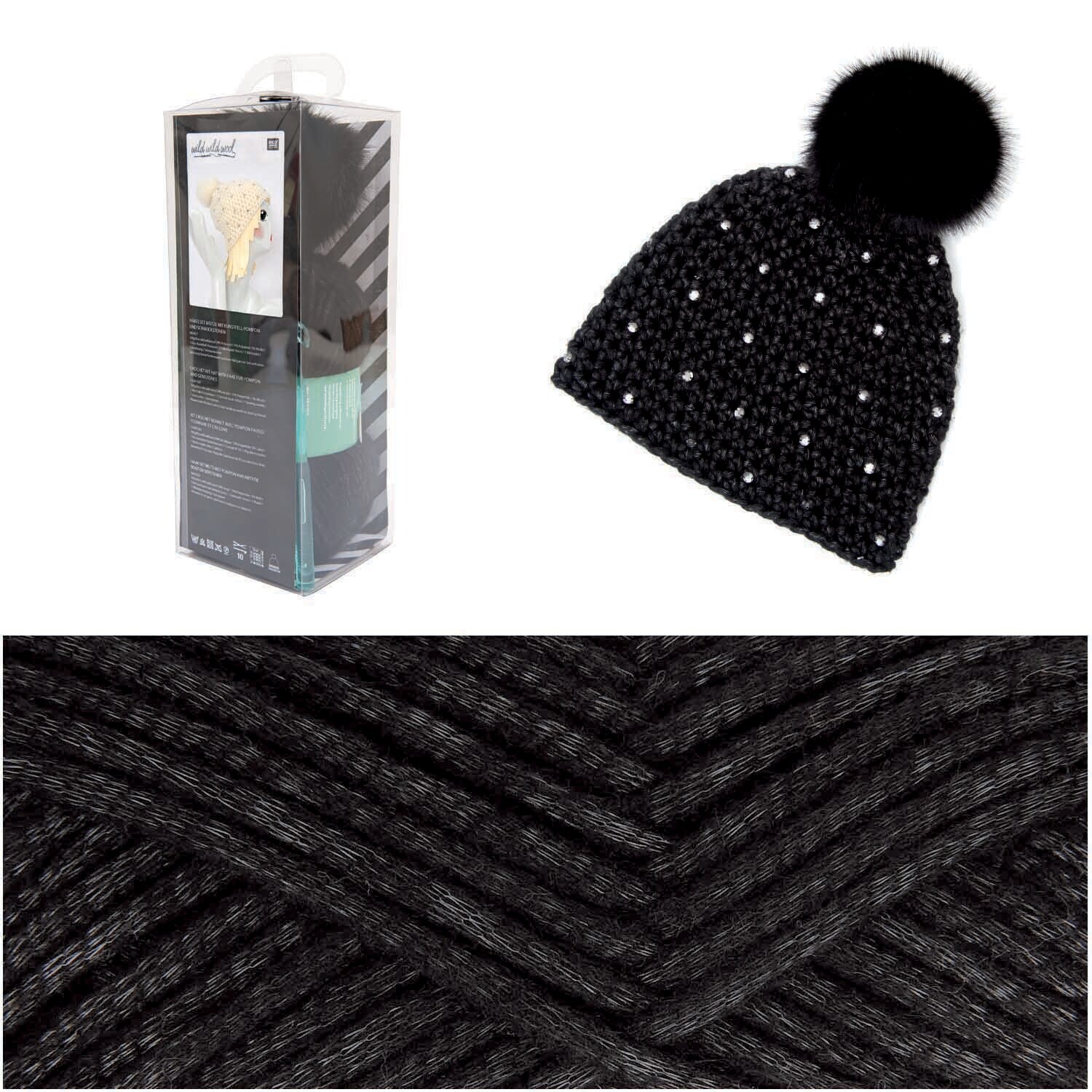 Wild Wild Wool Häkelset Mütze mit Bommel und Strass von Rico Design
