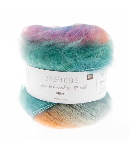 Rico Essentials Super Kid Mohair loves Silk Print, Fb. 4 Wind, Regenbogen Lacegarn aus Super Kid Mohair & Seide zum Stricken und Häkeln, Lacewolle Nadelstärke 4,5 mm von Rico Essentials Super Kid Mohair loves Silk