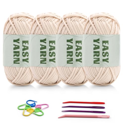 4 Stück Beige Garn, Häkel- und Strickgarn für Anfänger, gut Sichtbare Maschen, Grobes, Dickes Baumwoll-Nylon-Mischgarn, Garn Zum Häkeln mit Häkelzubehör (4 X 50 g) von Riddur