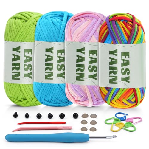 4 X 50 g Dickes Garn zum Häkeln, Easy Yarn für Anfänger, Baumwolle zum Häkeln, Häkelgarn für Anfänger mit Häkelnadel Yarm Zum Häkeln mit Häkelzubehör Leicht Zuerkennende Stiche Kein Geteiltes Garn von Riddur