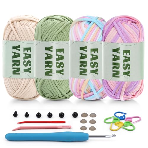 4x50g Häkelgarn Anfänger, Easy Garn Dickes für Anfänger zum Häkeln Kein Geteiltes, Klobiges Baumwollgarn Easy Yarn mit Häkelnadel Garn Zum Häkeln mit Häkelzubehör von Riddur