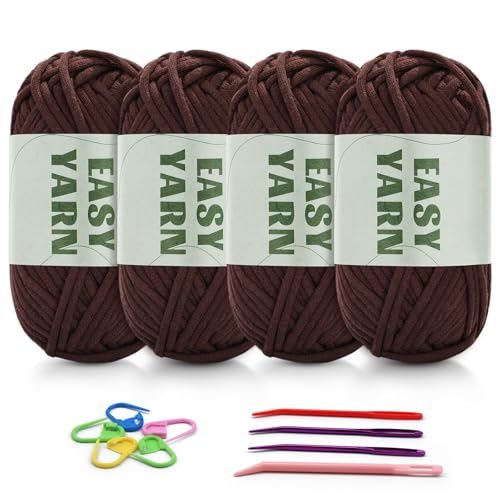 4 Stück Dunkelbraunes Garn, Häkel- und Strickgarn für Anfänger, gut Sichtbare Maschen, Grobes, Dickes Baumwoll-Nylon-Mischgarn, Garn Zum Häkeln mit Häkelzubehör (4 X 50 g) von Riddur