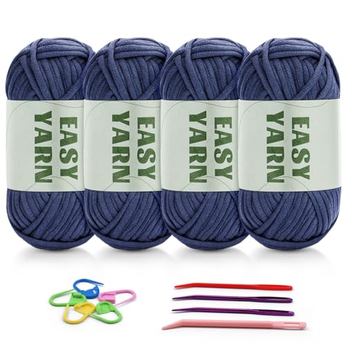 4 Stück Cowboyblau Garn, Häkel- und Strickgarn für Anfänger, gut Sichtbare Maschen, Grobes, Dickes Baumwoll-Nylon-Mischgarn, Garn Zum Häkeln mit Häkelzubehör (4 X 50 g) von Riddur