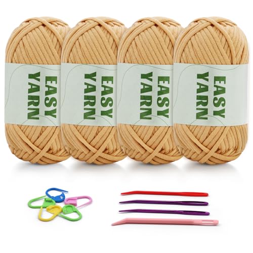 4 Stück Khakifarbenes Garn, Häkel- und Strickgarn für Anfänger, gut Sichtbare Maschen, Grobes, Dickes Baumwoll-Nylon-Mischgarn, Garn Zum Häkeln mit Häkelzubehör (4 X 50 g) von Riddur