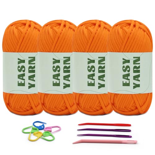 4 Stück Orangefarbenes Garn, Häkel- und Strickgarn für Anfänger, gut Sichtbare Maschen, Grobes, Dickes Baumwoll-Nylon-Mischgarn, Garn Zum Häkeln mit Häkelzubehör (4 X 50 g) von Riddur