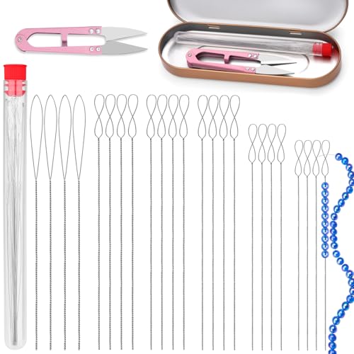 Riddur 26 Stück Perlennadeln, Perlennadeln zum Auffädeln von Perlen mit Aufbewahrungsbox, Schere, Große Auge Perlen Nadel Von Schmuckherstellung & Diy Handarbeiten (0,2mm-0,7mm) von Riddur