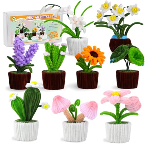 Riddur 611 Stück Pfeifenputzer zum Basteln, Pfeifenreiniger Blumen Set (10 Farben), Pfeifenreiniger Topfpflanzen Set mit Video-Tutorial Anleitung, Pompons, Basteldraht, Klebeband von Riddur