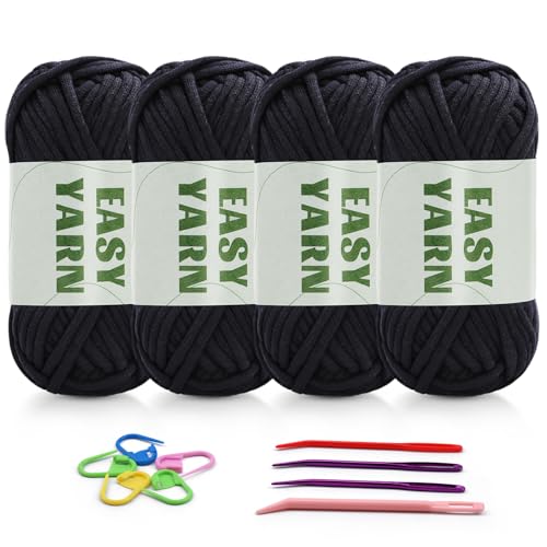 4 Stück Schwarzes Garn, Häkel- und Strickgarn für Anfänger, gut Sichtbare Maschen, Grobes, Dickes Baumwoll-Nylon-Mischgarn, Garn Zum Häkeln mit Häkelzubehör (4 X 50 g) von Riddur