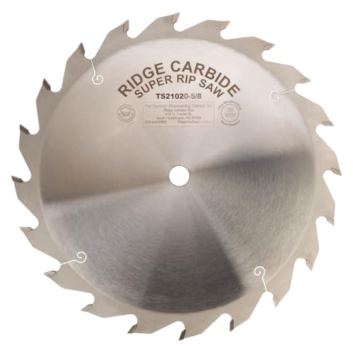 Ridge Hartmetall 25,4 cm 20T Super Rip Blade Tischsägeblatt, gerader Oberschliff (STR), +20° Haken, 5/8 Zoll Bohrung, Plattenstärke 0,2 cm, volle Schnittfuge (0,3 cm) Super Rip Klinge zum Schneiden von Ridge Carbide Tool Co.