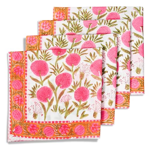 Ridhi Küchentücher mit Handblockdruck, Tischdekoration, 50,8 x 50,8 cm, Blumenmuster, 4 Stück, waschbar, Boho-Baumwolle, quadratisch, Flamingo, rosa Rand, Serviette für Esszimmer, Hochzeit von Ridhi