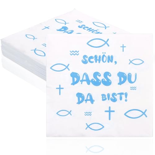 60 Stück Servietten Taufe,33cm Servietten Kommunion,Fisch Blau Goldfolie Papierservietten,Muster mit Blau-Goldenen Folienfischen für Taufe,Kommunion,Konfirmation,Tischdeko von Rienan