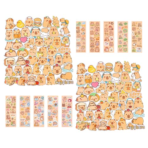 Capybara Sachen 100 PCS Capybara Sticker Niedliche Capybara Aufkleber Kommt mit 10 Sätzen Kapibara-Laser-Glitzeraufklebern für Laptops Gepäck Wasserflaschen Helme von Rienan