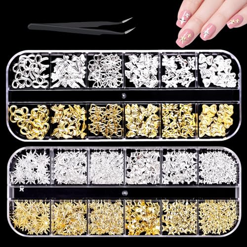 Schleifen für Nägel 2 Kartons Gold Silber Stern Schleifen Nail Charms,Metall Nagelkunst Dekorations,Geeignet für Nail-Art-Design,Nail-Art-Dekoration,Diy-Kunsthandwerk(Gold und Silber) von Rienan