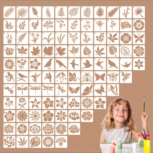 100 Stück Schablonen Textilgestaltung mit 6 Ringbügeln, Blumen Blätter Vögel Schablonen Malen, Wiederverwendbar Malschablonen Kinder, Zeichenschablone für DIY Wandkunst, Kuchen und Stoffe, 5x5cm 100 Stück Schablonen Textilgestaltung mit 6 Ringbügeln, Blumen Blätter Vögel Schablonen Malen, Wiederverwendbar Malschablonen Kinder, Zeichenschablone für DIY Wandkunst, Kuchen und Stoffe, 5x5cm von Rieoany