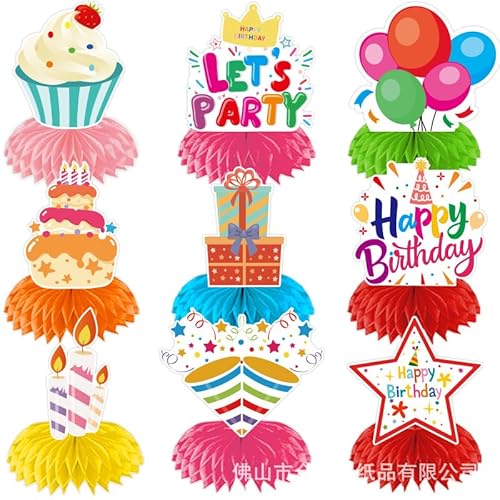 9 Stück Tischdeko Geburtstag, Bunte Happy Birthday Deko, Geburtstag Bienenwabe Deko, Tischdeko Party, Partyzubehör für Kindergeburtstage von Rieoany