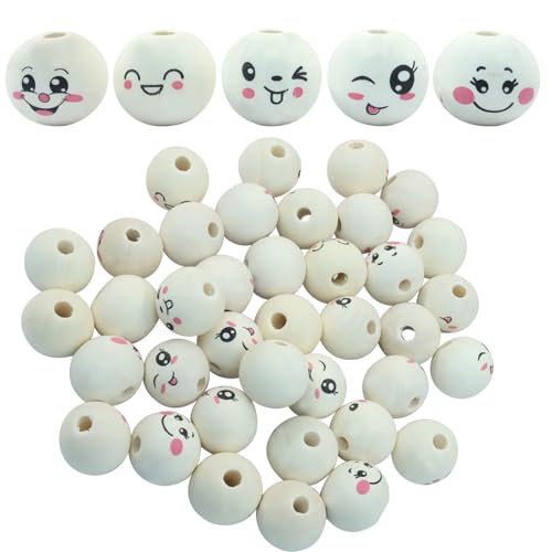 Rierdge 50 Stück lose lächelnde Perlen, 20 mm, runde Naturholzperlen für Bastelarbeiten, Schmuckherstellung, Weihnachtsengel-Dekorationen, 5 Stile von Rierdge