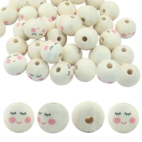 Rierdge 50 Stück lose lächelnde Perlen, 20 mm, runde Naturholzperlen für Bastelarbeiten, Schmuckherstellung, Weihnachtsengel Dekorationen von Rierdge
