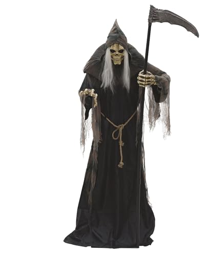 Riethmüller Animatronic XL Sensenmann 182 cm – Halloween Deko innen, Party, Gothic Figur lebensgroß - Animiert, leuchtende Augen, beweglicher Oberkörper, Sound & Bewegungssensor - 3 Sprachen von Riethmüller