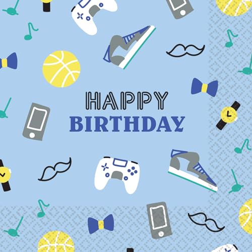 Riethmüller Servietten "Happy Birthday" blau, 33cm x 33cm, 16 Stück - Große Papier-Servietten mit Spruch für Geburtstag & Kindergeburtstag - Tischdeko von Riethmüller