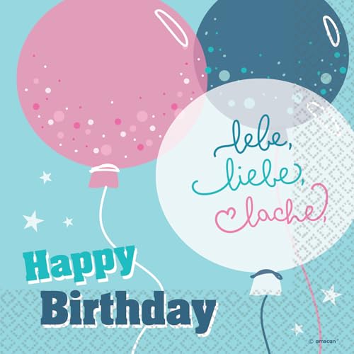 Riethmüller Servietten "Happy Birthday - lebe, liebe, lache" 33cm x 33cm, 16 Stück - Große Papier-Servietten mit Spruch für Geburtstag - Tischdeko von Riethmüller