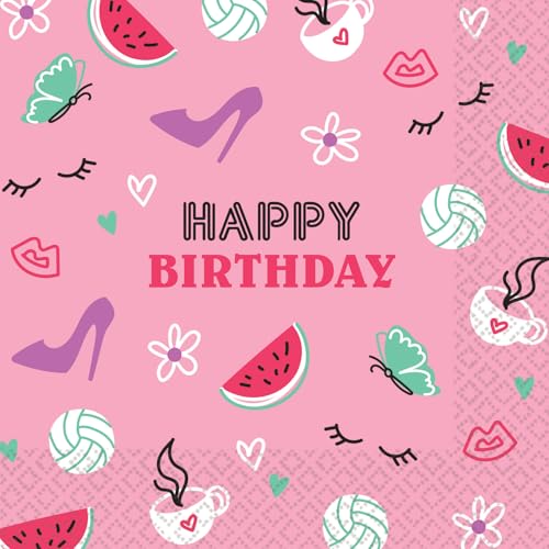 Riethmüller Servietten "Happy Birthday" rosa, 33cm x 33cm, 16 Stück - Große Papier-Servietten mit Spruch für Geburtstag & Kindergeburtstag - Tischdeko von Riethmüller