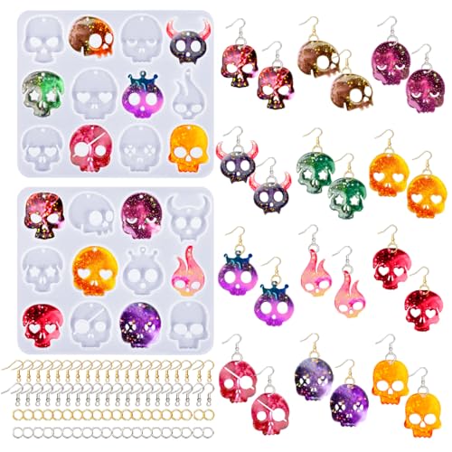 Rifanda 12 Paar Halloween Silikonformen mit 40 Haken für Ohrringe Totenkopf Ohrringe Epoxidharz Schmuckform Schlüsselanhänger Halloween Anhänger von Rifanda