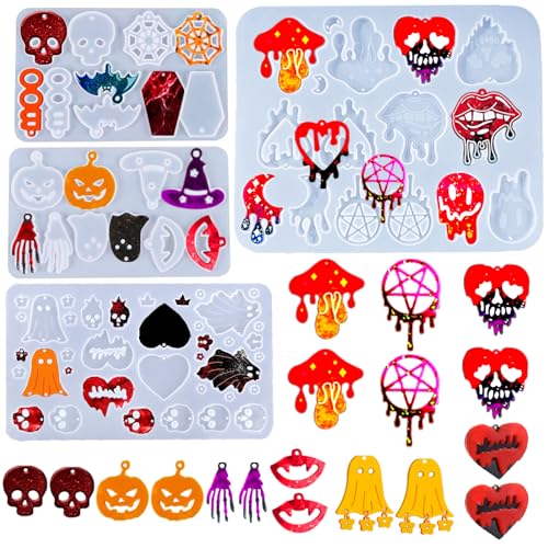Rifanda Halloween-Ohrring-Formen aus Kunstharz mit Loch, Totenkopf, Kürbis, Fledermaus, Spinne, Ohrringe, Epoxidharz, Schmuckform, Halloween-Anhänger, Schlüsselanhänger, 4 Stück von Rifanda
