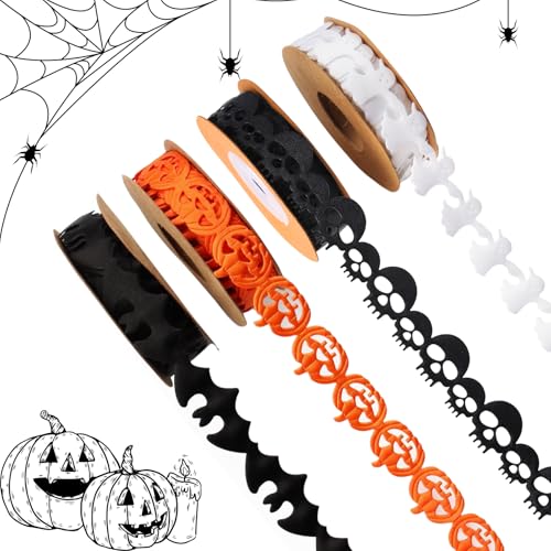 Halloween-Bänder, schwarz-weiß-orange, Fledermaus-Kürbis-Geist-Skelett-Form, für Halloween-Dekorationen, Geschenkverpackungen, Bastelbedarf, 4,5 m pro Rolle, insgesamt 18 m, 4 Rollen Halloween-Bänder, schwarz-weiß-orange, Fledermaus-Kürbis-Geist-Skelett-Form, für Halloween-Dekorationen, Geschenkverpackungen, Bastelbedarf, 4,5 m pro Rolle, insgesamt 18 m, 4 Rollen von Riffance