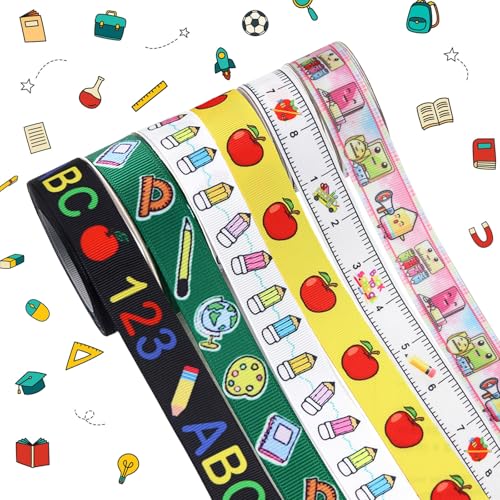 Ripsband für Lehrer, Schulanfang, Lineal, Apfel, Rucksack, Bücher, Palette, ABC, Schulbus, gemustert, Ripsband für Lehrer, Wertschätzung, Geschenkverpackung, Dekoration, 2,2 cm x 4,5 m pro Rolle von Riffance