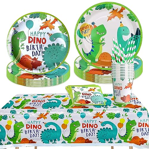 Riisoyu 61 Stück Dinosaurier Party Geschirr Set, Dinosaurier Deko Geburtstag Set, Dinosaurier Pappteller Becher Servietten Tischdecke für Kindergeburtstag, Dino Party Deko, Serviert 10 Gäste von Riisoyu