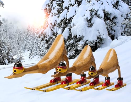Rikmani - Holzfigur Ente Skifahrer Deutschland Gelb - Handgefertigte Dekoration aus Holz Geschenk Figur Set von Rikmani