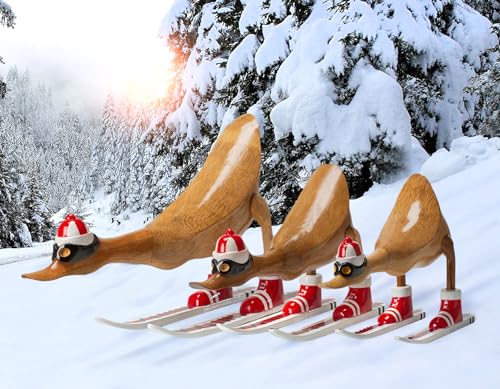 Rikmani - Holzfigur Ente Skifahrer Österreich Rot - Handgefertigte Dekoration aus Holz Geschenk Figur 26 cm von Rikmani