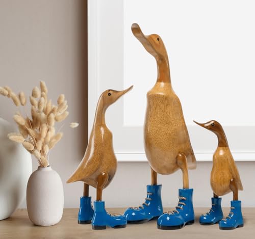 Rikmani - Holzfigur Ente Stiefel Blau 100% Natur Original - Handgefertigte Figur aus Holz Set von Rikmani