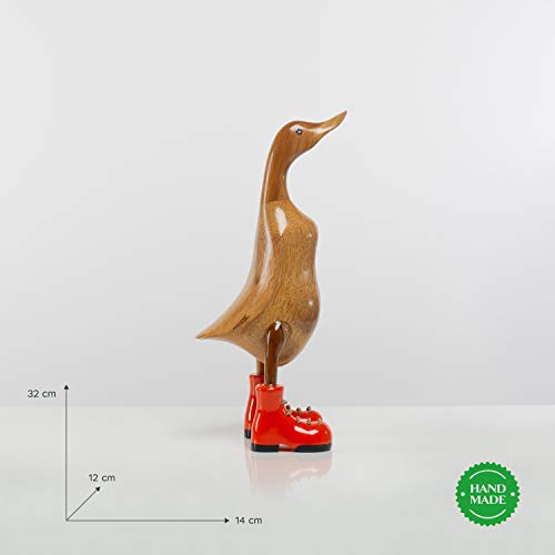 Rikmani - Holzfigur Ente Stiefel Orange 100% Natur Original - Handgefertigte Figur aus Holz 32 cm von Rikmani