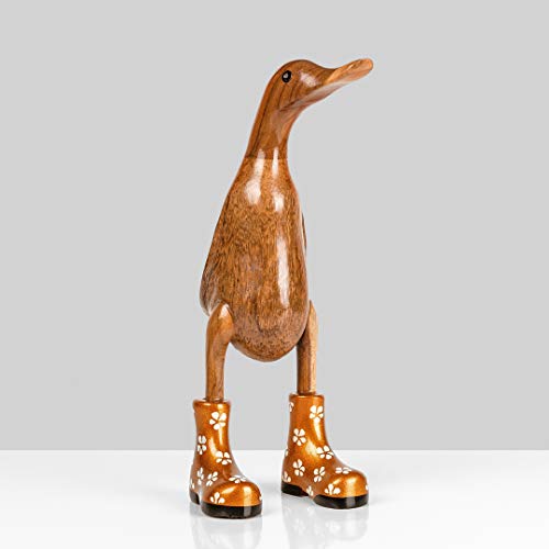 Rikmani - Holzfigur Ente Stiefel Gold GEBLÜMT 100% Natur Original - Handgefertigte Figur aus Holz 26 cm von Rikmani