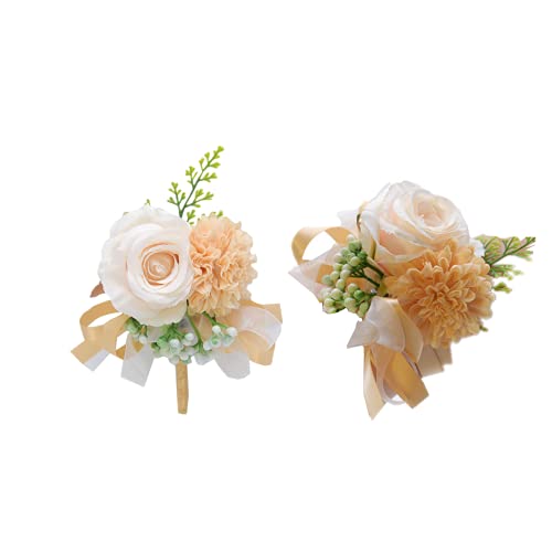 Rikyo 2 Stück Blume Handgelenk Corsage Boutonniere Set,8 cm künstliche Rose -Nelke Handgelenk Corsage Seide Blume für Hochzeit Blumen Accessoires Abschlussball Anzug Dekor (Champagner) von Rikyo