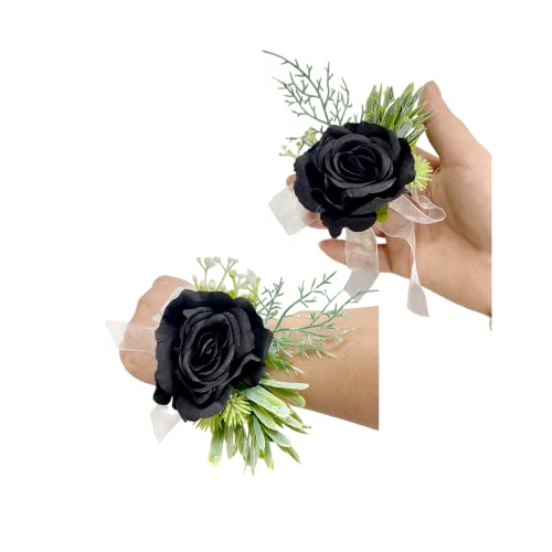 Rosen-Handgelenk-Anstecknadel, Armband und Herren-Boutonniere-Set,Ansteckblume für Abschlussball,Braut,Handblume,Hochzeitsblumen,Zeremonie,Abschlussball, handgefertigte Blütenblätter,Kranz (schwarz) von Rikyo