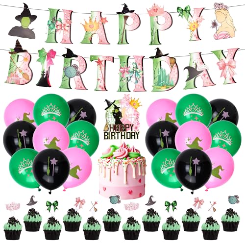 51 Pcs Grün und Rosa Party Dekoration Luftballons Cupcake Topper Banner und Kuchen Topper Set für Hexe Prinzessin von Rilcn
