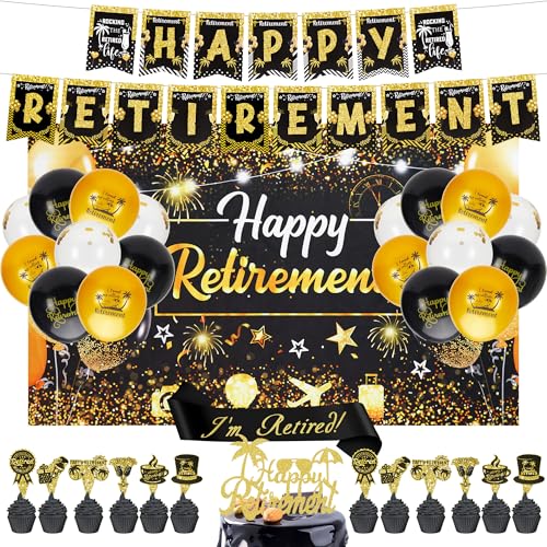 Ruhestands-Dekorationen für Frauen und Männer, 34 Stück Happy Retirement Hintergrund, Banner, Luftballons, Kuchenaufsätze, Schwarz-Gold, Partyzubehör für Party, Abschied, Abschied, Abschiedskollegen Ruhestands-Dekorationen für Frauen und Männer, 34 Stück Happy Retirement Hintergrund, Banner, Luftballons, Kuchenaufsätze, Schwarz-Gold, Partyzubehör für Party, Abschied, Abschied, Abschiedskollegen von Rilcn