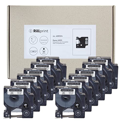Rillprint 12x Etikettenband 12mm x 7m Schwarz auf Weiß - Kompatibel für Dymo 45013 Etikettenband und Dymo LabelManager/LabelPoint/LabelWriter Etikettiergerät von Rillprint