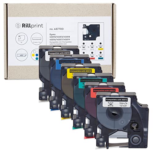 Rillprint 6x Etikettenband 12mm x 7m Schwarz auf Weiß/Transparent/Gelb/Rot/Blau/Grün - Kompatibel für Dymo D1 Etikettenband und Dymo LabelManager/LabelPoint/LabelWriter Etikettiergerät von Rillprint