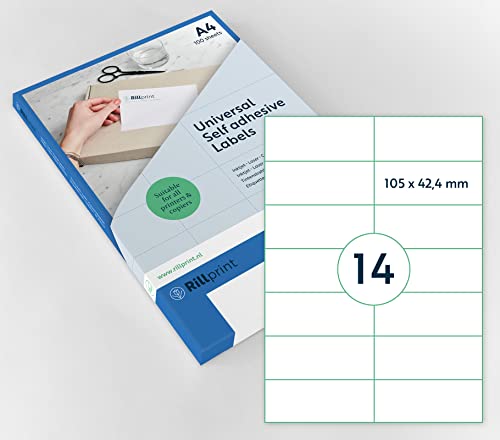 Rillprint Vielzweck Etiketten Selbstklebend - 1400 Stück – 105 x 42.4 mm - 14 Klebeetiketten pro A4-Blatt - Bedruckbar & Abziehbar - Universal Adressaufkleber - 100 Blatt, Weiß Rillprint Vielzweck Etiketten Selbstklebend - 1400 Stück – 105 x 42.4 mm - 14 Klebeetiketten pro A4-Blatt - Bedruckbar & Abziehbar - Universal Adressaufkleber - 100 Blatt, Weiß von Rillprint