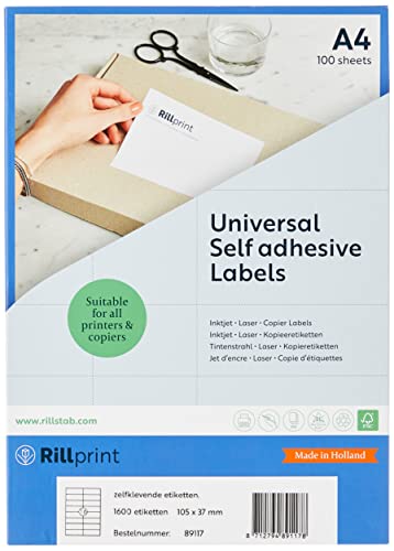 Rillprint Vielzweck Etiketten Selbstklebend - 1600 Stück – 105 x 37 mm - 16 Klebeetiketten pro A4-Blatt - Bedruckbar & Abziehbar - Universal Adressaufkleber - 100 Blatt, Weiß von Rillprint