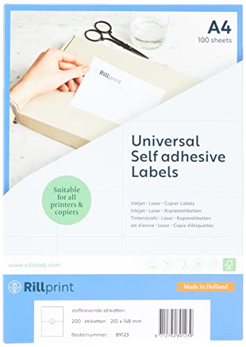Rillprint Vielzweck Etiketten Selbstklebend - 200 Stück – 210 x 148 mm - 2 Klebeetiketten pro A4-Blatt - Bedruckbar & Abziehbar - Universal Adressaufkleber - 100 Blatt, Weiß Rillprint Vielzweck Etiketten Selbstklebend - 200 Stück – 210 x 148 mm - 2 Klebeetiketten pro A4-Blatt - Bedruckbar & Abziehbar - Universal Adressaufkleber - 100 Blatt, Weiß von Rillprint