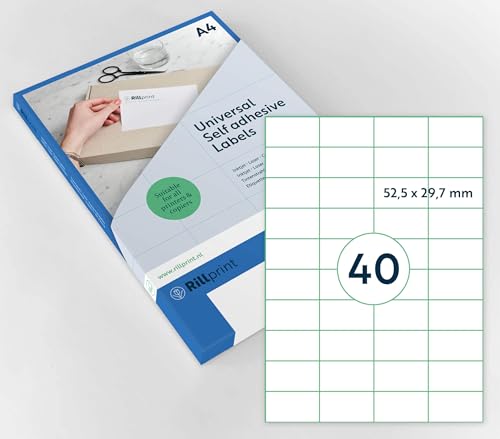 Rillprint Vielzweck Etiketten Selbstklebend - 4000 Stück – 52,5 x 29,7 mm - 40 Klebeetiketten pro A4-Blatt - Bedruckbar & Abziehbar - Universal Adressaufkleber - 100 Blatt, Weiß von Rillprint